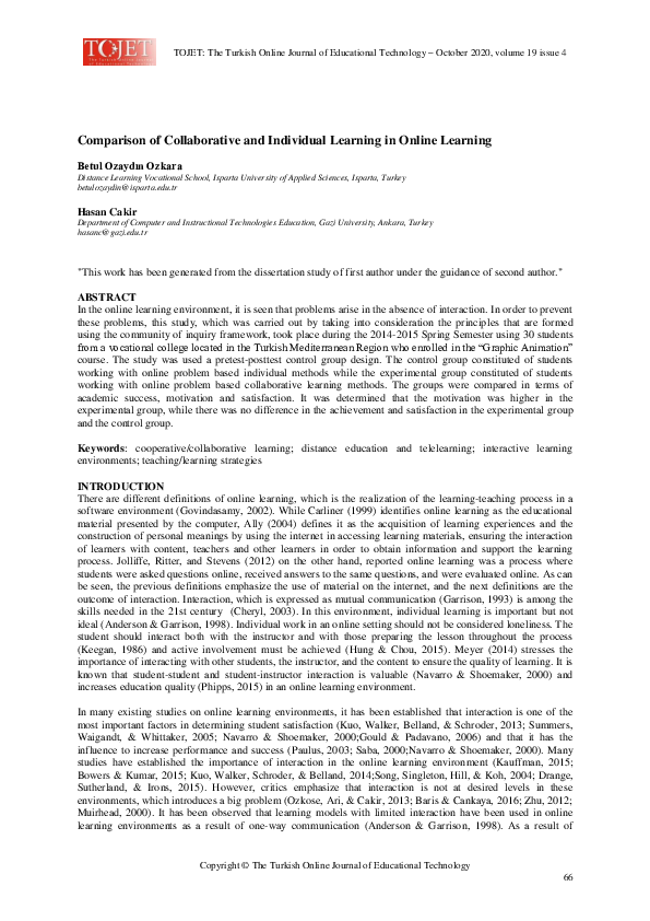 (PDF) Comparison of Collaborative and Individual Learning in Online ...
