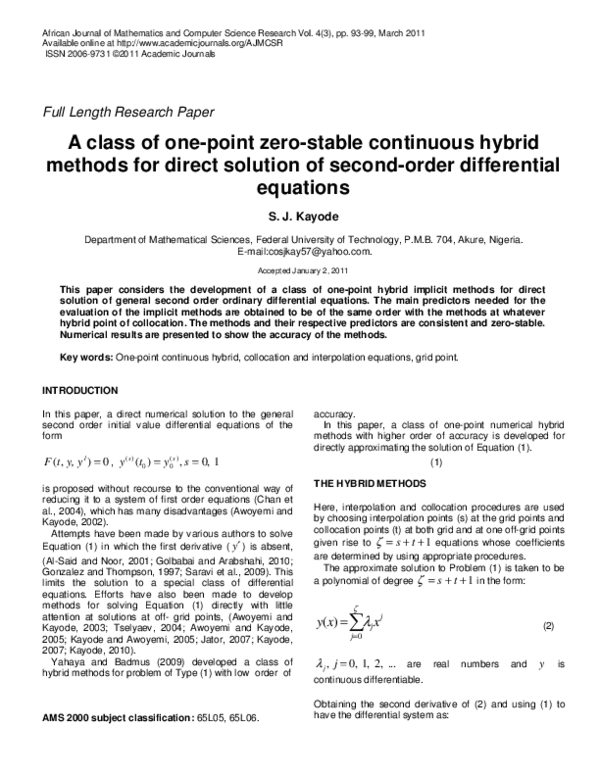 (PDF) A class of one-point zero-stable continuous hybrid methods for ...