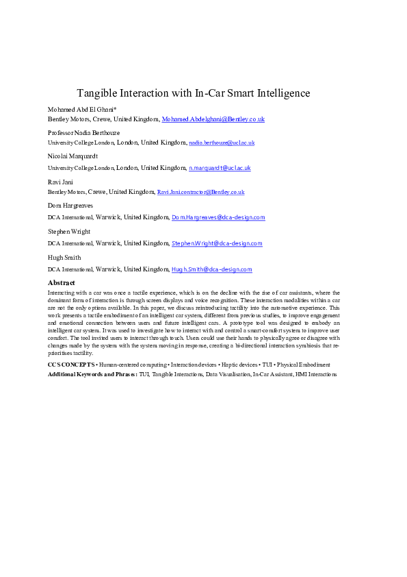 (PDF) Tangible Interaction with In-Car Smart Intelligence