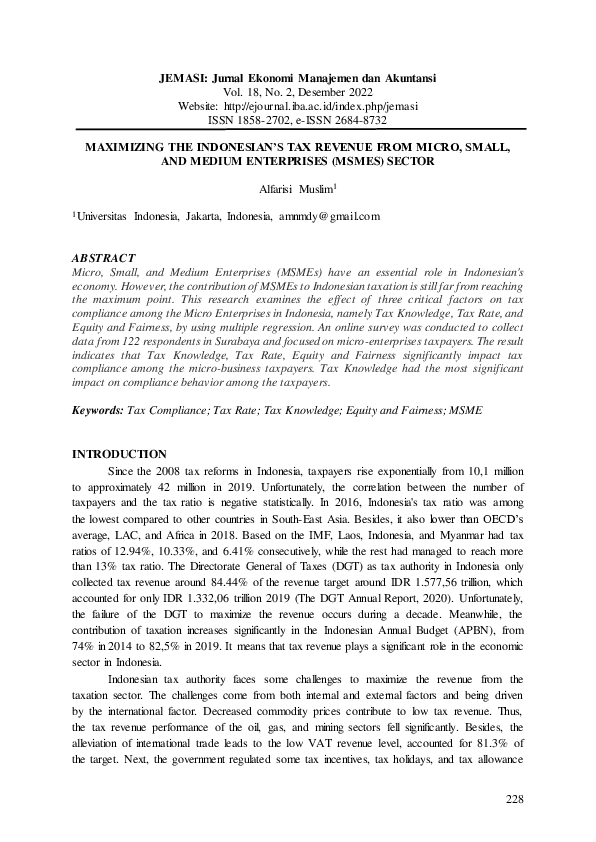 (PDF) Maximizing the Indonesian’s Tax Revenue from Micro, Small, and ...
