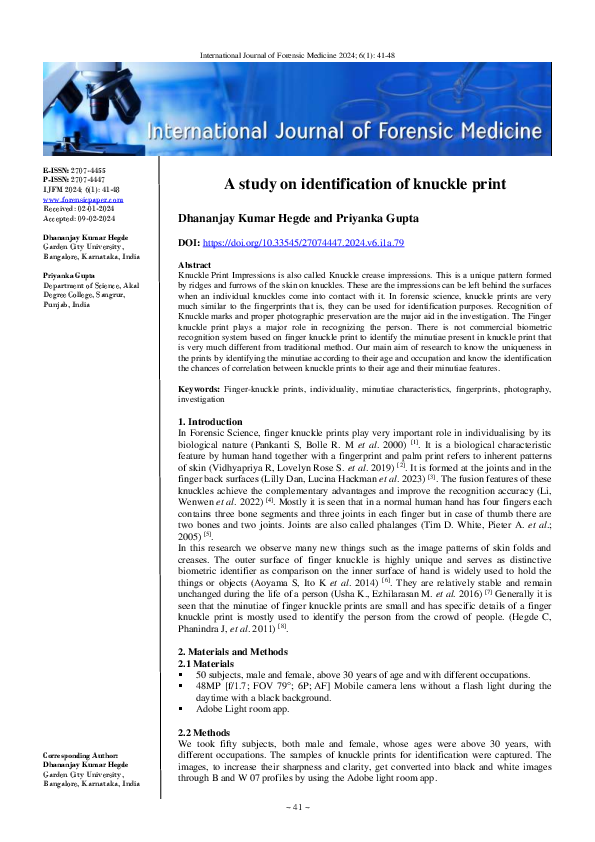 (PDF) A study on identification of knuckle print