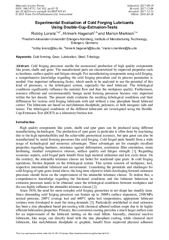 (PDF) Experimental Evaluation of Cold Forging Lubricants Using Double ...