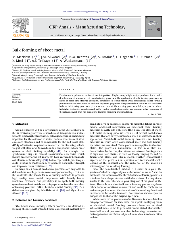 (PDF) Bulk forming of sheet metal