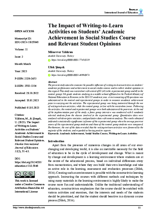  pdf the impact of writing to learn activities on students academic