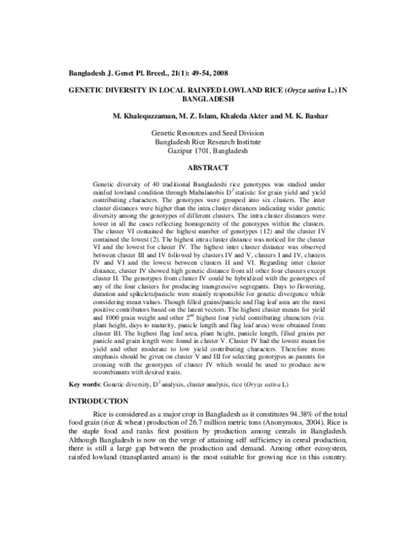 (PDF) GENETIC DIVERSITY IN LOCAL RAINFED LOWLAND RICE (Oryza sativa L ...
