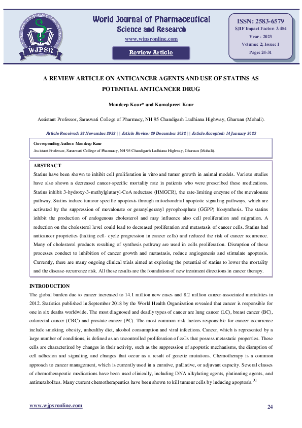 (PDF) A REVIEW ARTICLE ON ANTICANCER AGENTS AND USE OF STATINS AS ...