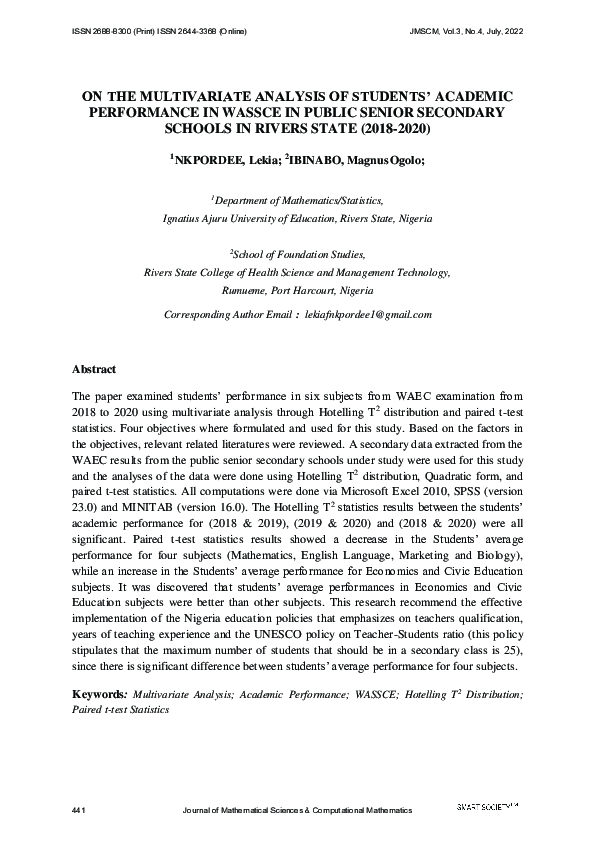 (PDF) On the Multivariate Analysis of Students’ Academic Performance in ...