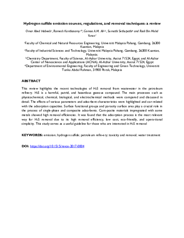 (PDF) Hydrogen sulfide emission sources, regulations, and removal ...