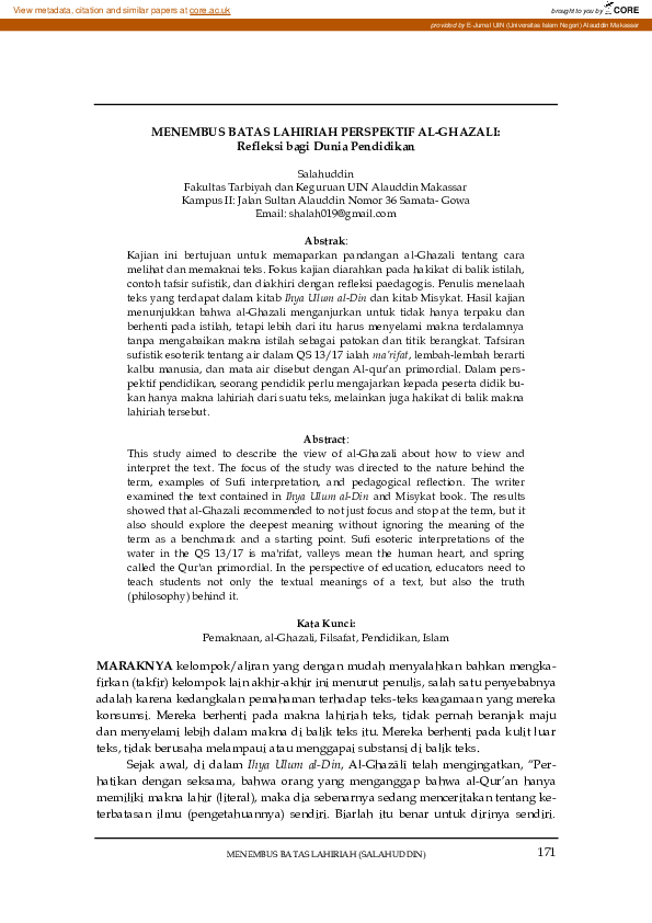 (PDF) MENEMBUS BATAS LAHIRIAH PERSPEKTIF AL-GHAZALI: Refleksi bagi ...