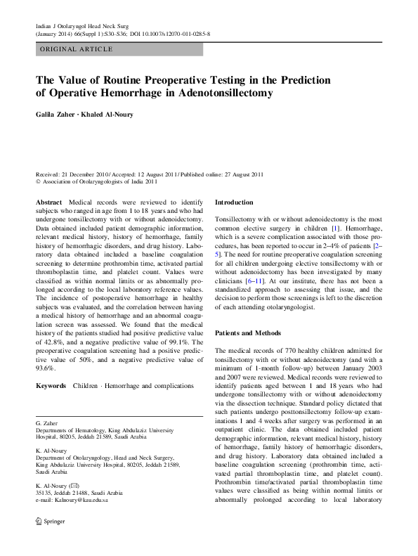 (PDF) The Value of Routine Preoperative Testing in the Prediction of ...