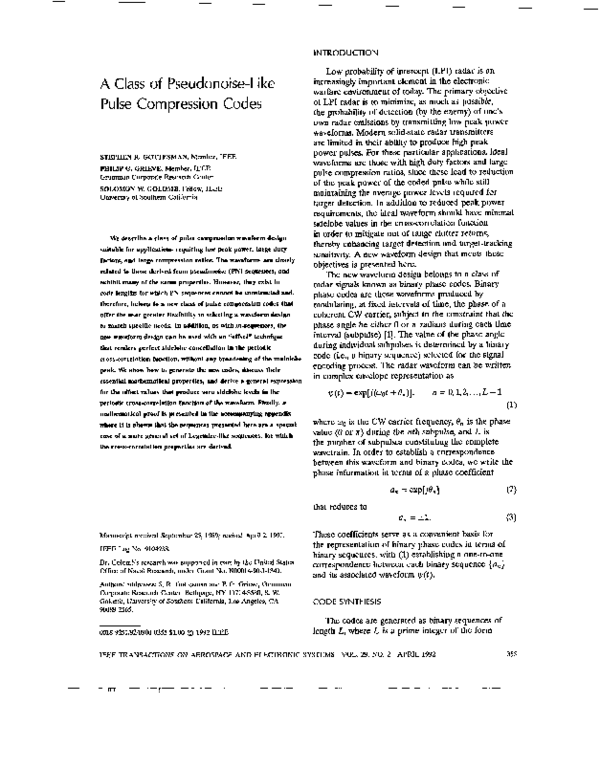 (PDF) A class of pseudonoise-like pulse compression codes