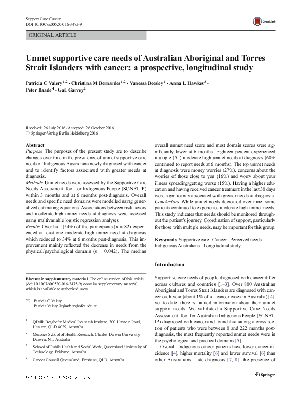 (PDF) Unmet supportive care needs of Australian Aboriginal and Torres ...