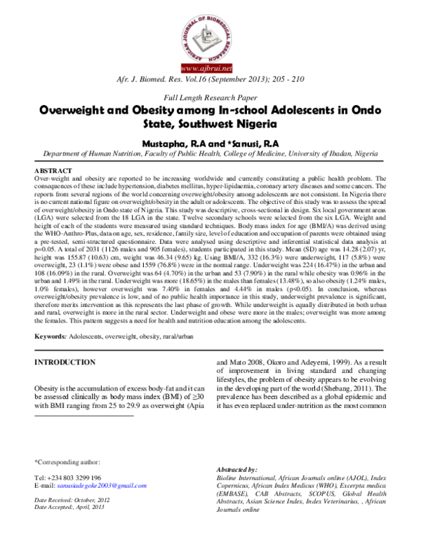 (PDF) Overweight and Obesity among In-school Adolescents in Ondo State ...