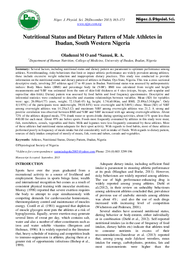 (PDF) Nutritional status and dietary pattern of male athletes in Ibadan ...