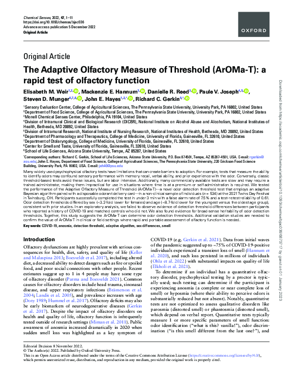 (PDF) The Adaptive Olfactory Measure of Threshold (ArOMa-T): A rapid ...