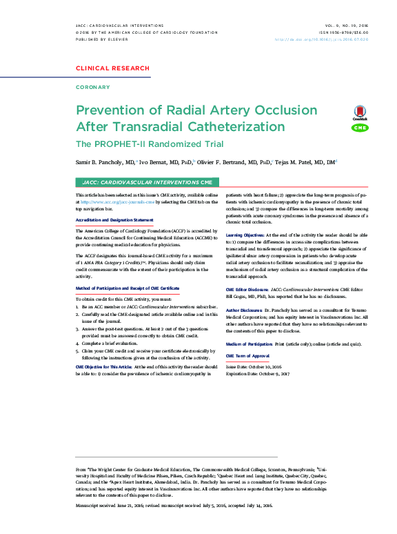 (PDF) Prevention of Radial Artery Occlusion After Transradial ...