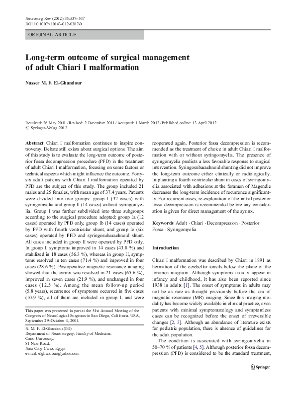 (PDF) Long-term outcome of surgical management of adult Chiari I ...