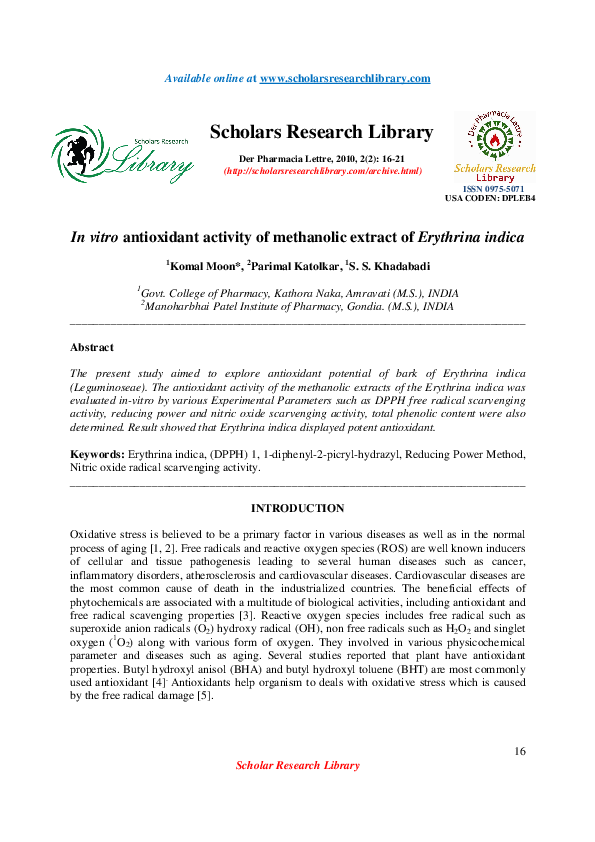 (PDF) In vitro antioxidant activity of methanolic extract of Erythrina ...