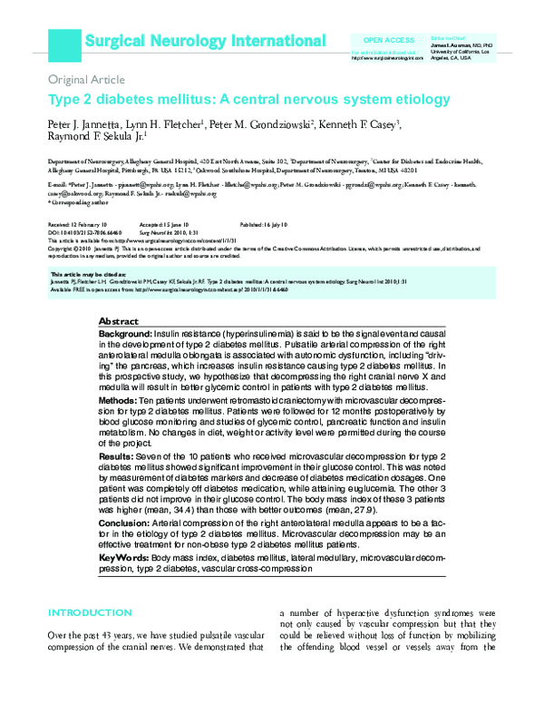 (PDF) Type 2 diabetes mellitus: A central nervous system etiology