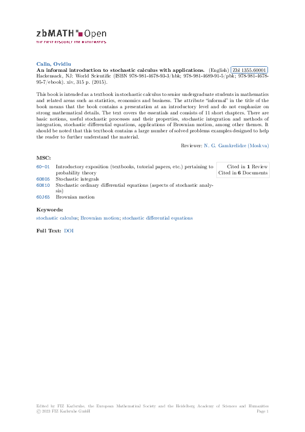 An Informal Introduction to Stochastic Calculus With Applications [ハードカバー] Calin， Ovidiu 41Jo+9OAFVL._AC_SY200_QL15_.jpg
