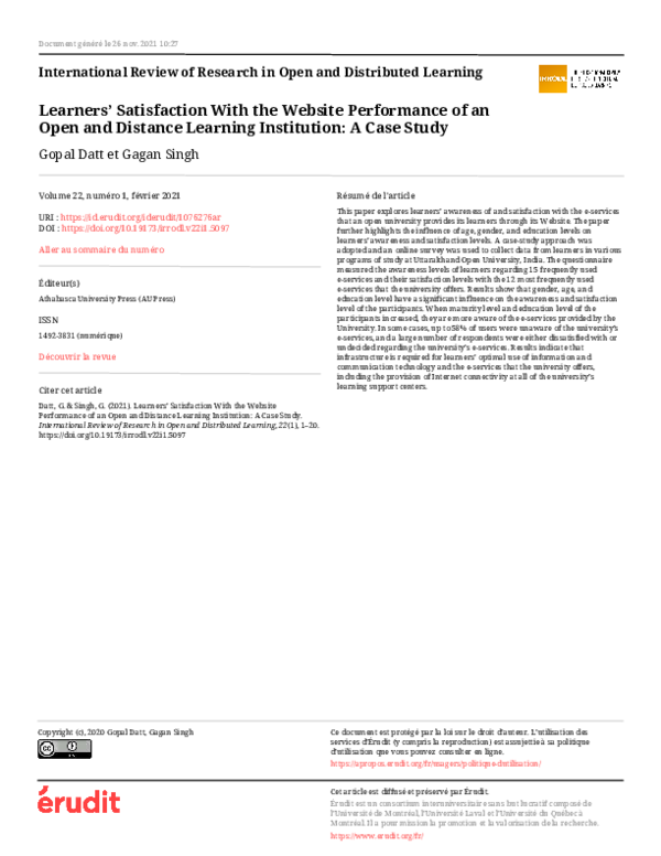 (PDF) Learners’ Satisfaction With the Website Performance of an Open ...
