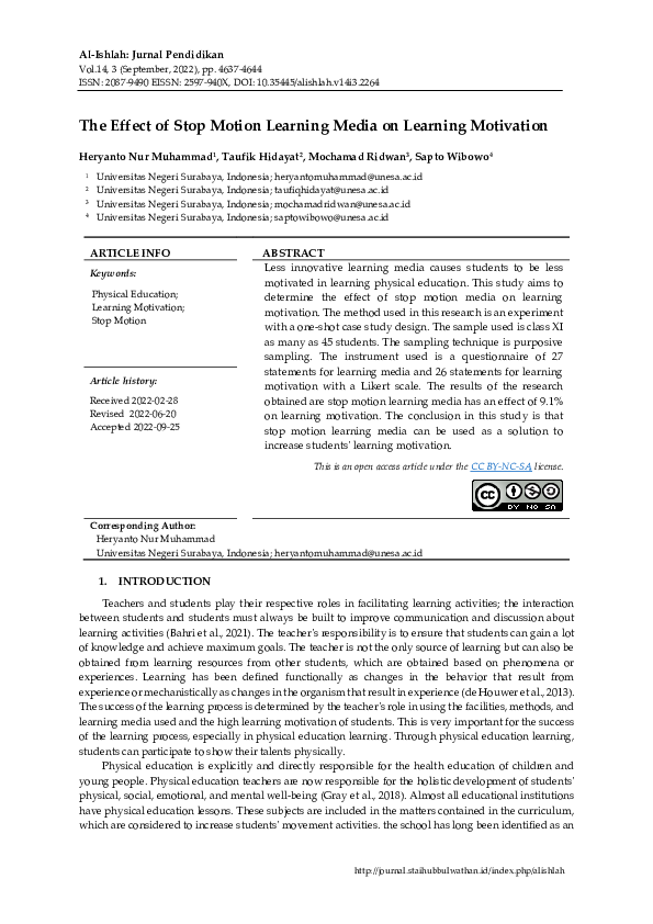 (PDF) The Effect of Stop Motion Learning Media on Learning Motivation