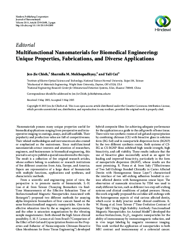 (PDF) Multifunctional Nanomaterials for Biomedical Engineering: Unique ...