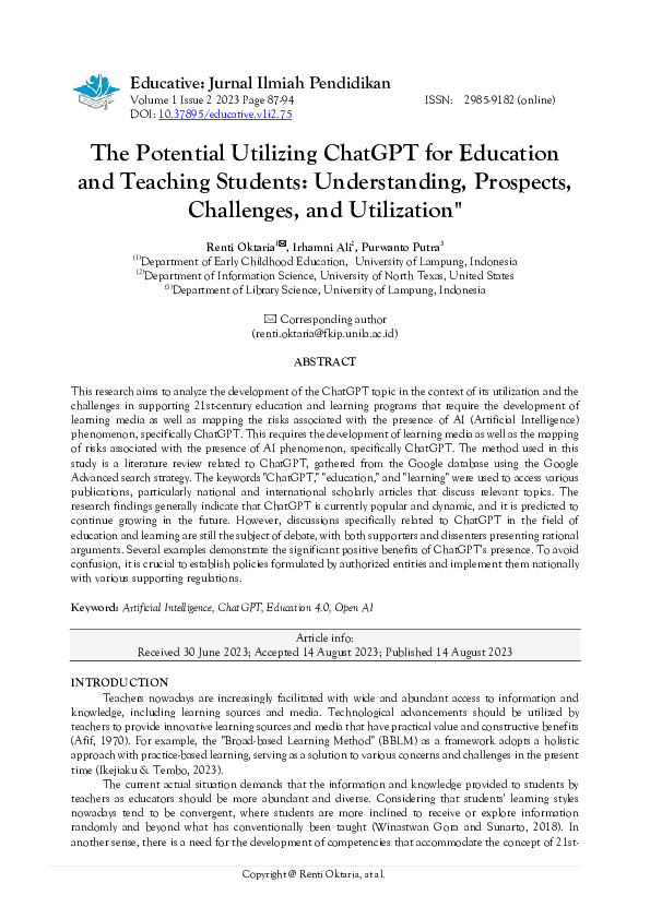 (PDF) The Potential Utilizing ChatGPT for Education and Teaching ...