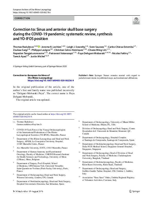 (PDF) Correction to: Sinus and anterior skull base surgery during the ...