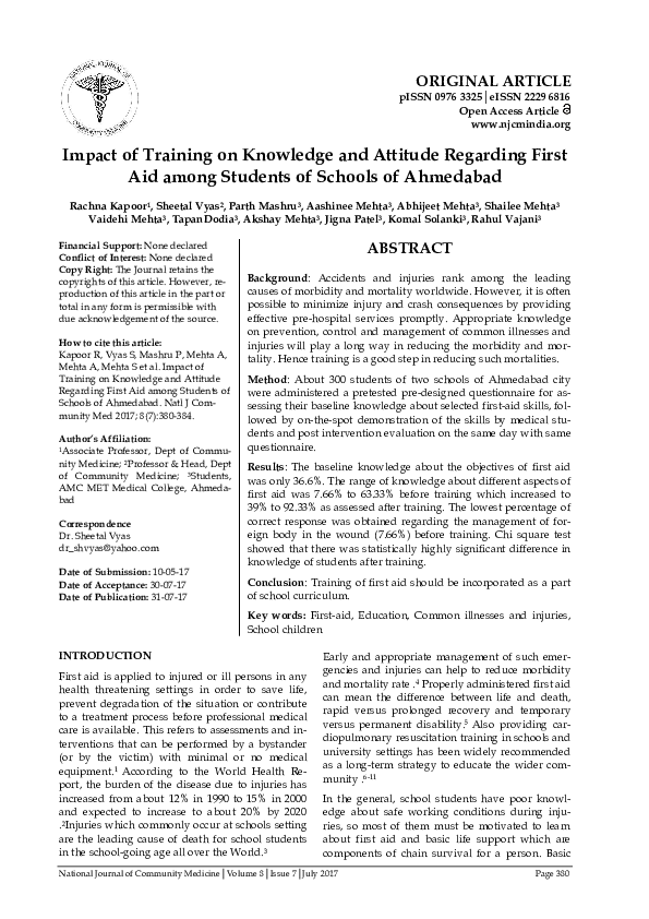 (PDF) Impact of Training on Knowledge and Attitude Regarding First Aid ...