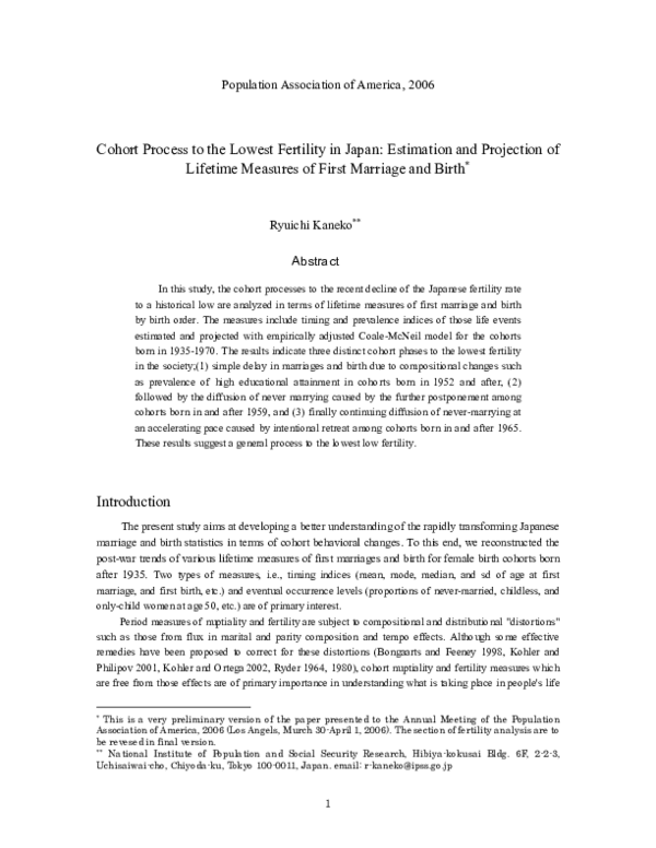 (PDF) Cohort Process to the Lowest Fertility in Japan : Estimation and ...