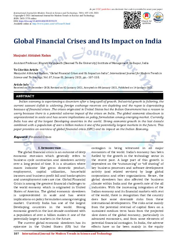 (PDF) Global Financial Crises and Its Impact on India