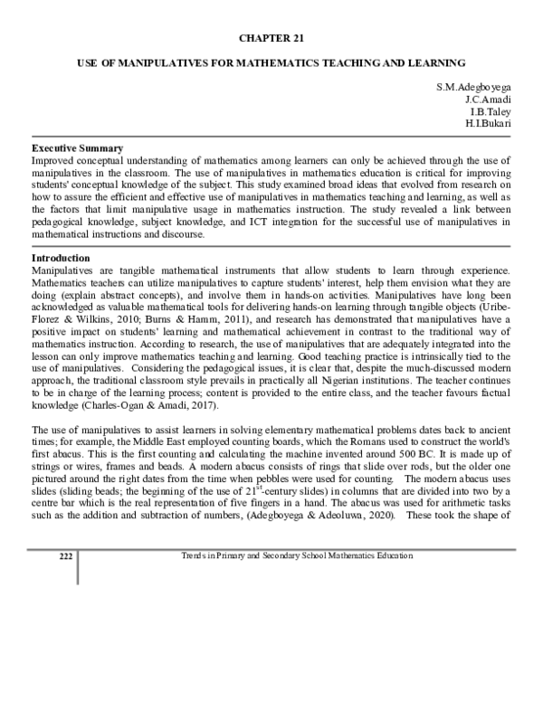 (PDF) Use of manipulatives for mathematics teaching and learning