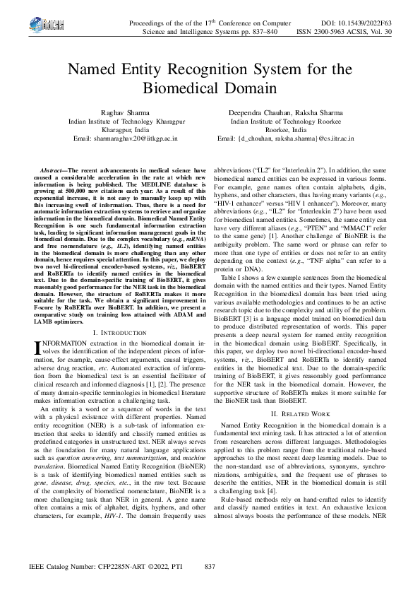 (PDF) Named Entity Recognition System for the Biomedical Domain