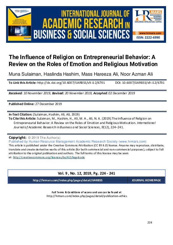 (PDF) The influence of religion on entrepreneurial behavior: a review ...
