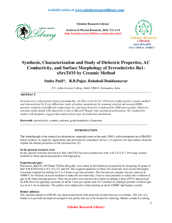 (PDF) Synthesis, Characterization and Study of Dielectric Properties ...