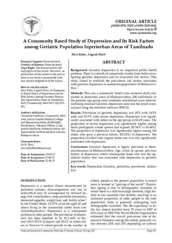 (PDF) A Community Based Study of Depression and Its Risk Factors among ...