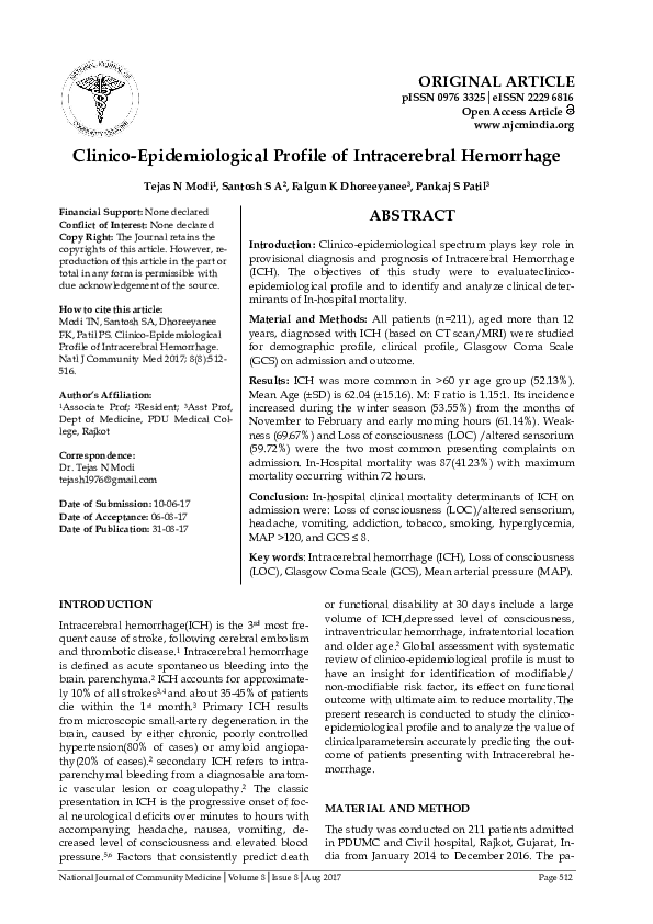 (PDF) Clinico-Epidemiological Profile of Intracerebral Hemorrhage