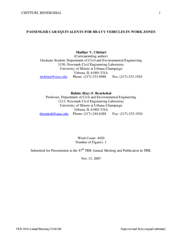 (PDF) Passenger-Car Equivalents for Heavy Vehicles in Work Zones