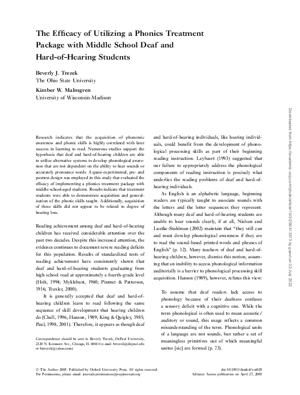 (PDF) The Efficacy of Utilizing a Phonics Treatment Package with Middle ...