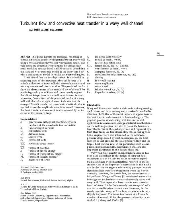 (PDF) Turbulent flow and convective heat transfer in a wavy wall channel