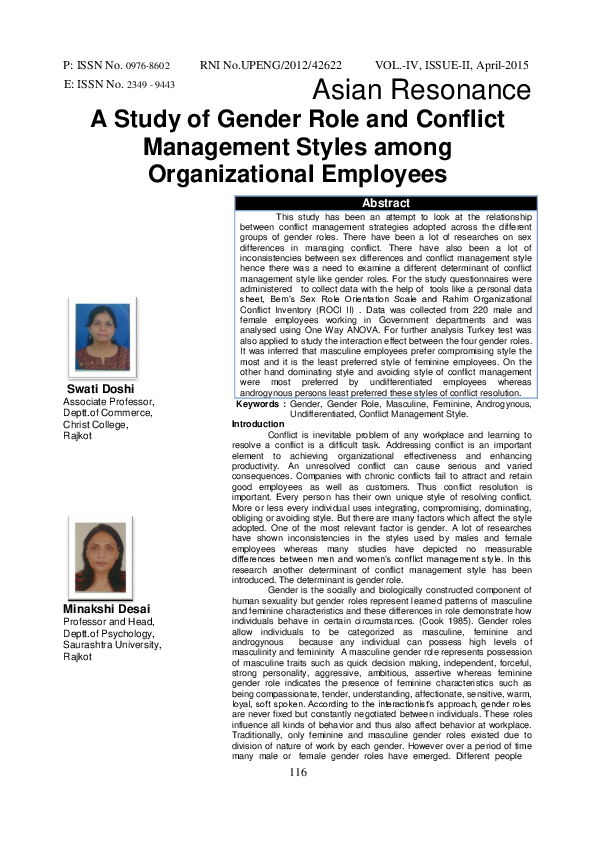 (PDF) A Study of Gender Role and Conflict Management Styles among ...