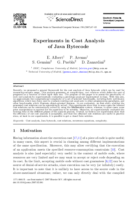 (PDF) Experiments in Cost Analysis of Java Bytecode