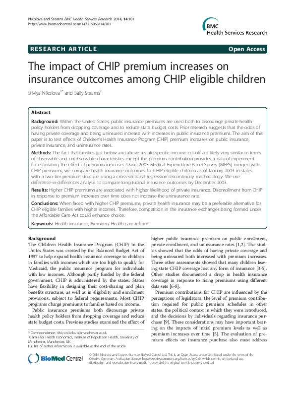 (PDF) The impact of CHIP premium increases on insurance outcomes among ...