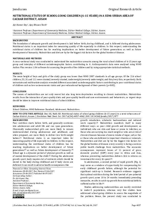 (PDF) Nutritional Status of School Going Children (6-15 Years) in a ...