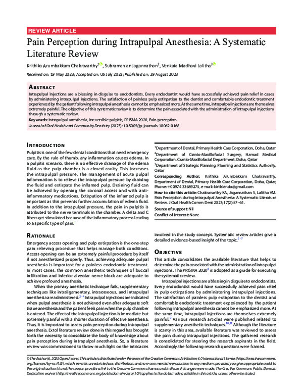 (PDF) Pain Perception during Intrapulpal Anesthesia: A Systematic ...