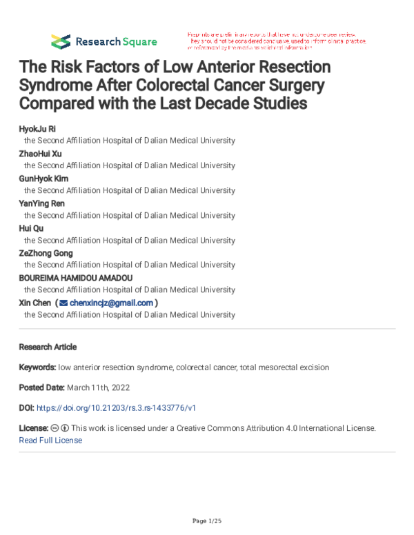 (PDF) The Risk Factors of Low Anterior Resection Syndrome After ...