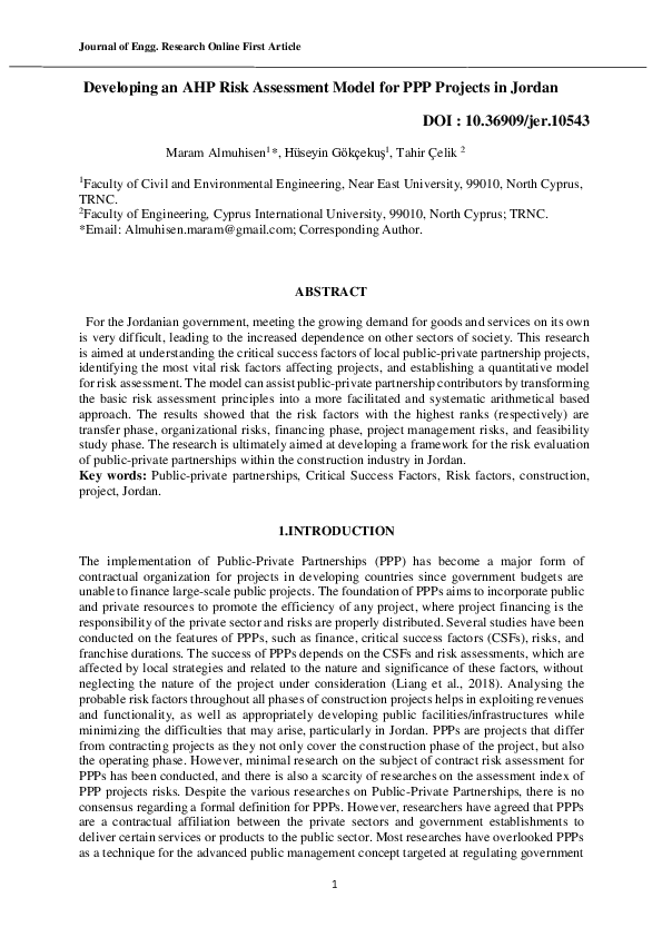 (PDF) Developing an AHP Risk Assessment Model for PPP Projects in Jordan