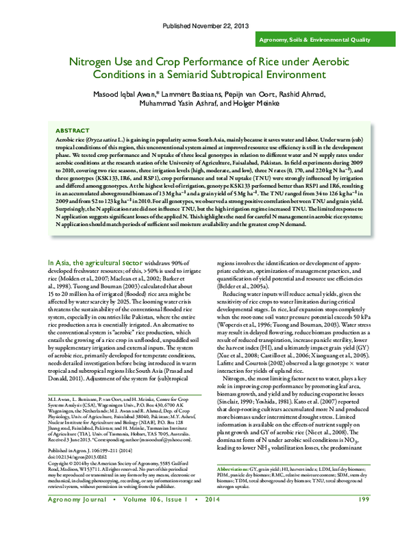 (PDF) Nitrogen Use and Crop Performance of Rice under Aerobic ...