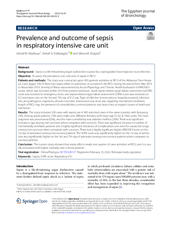 (PDF) Prevalence and outcome of sepsis in respiratory intensive care unit